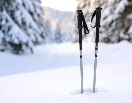 Trekking poles stuck in deep snow, winter mountain forest environment, outdoor adventure, hiking equipment, travel, active leisure, skiing, winter sports gear.