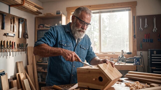 Senior man woodworking birdhouse workshop carpentry craft retirement hobby tools building a wooden nesting box with a chisel for maker education aging recreation small business and DIY campaigns