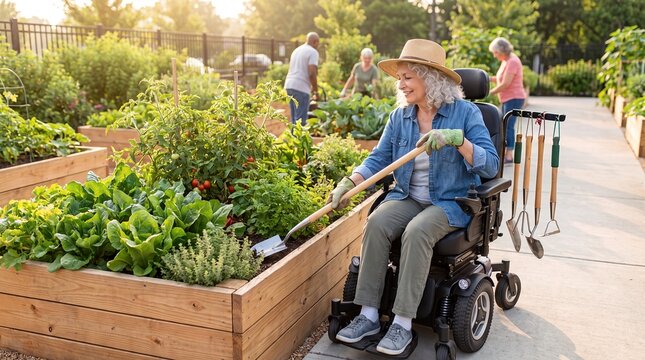 Senior woman wheelchair gardening raised bed accessibility community plants outdoors tending vegetables with adapted tools in a garden for disability representation and recreation campaigns
