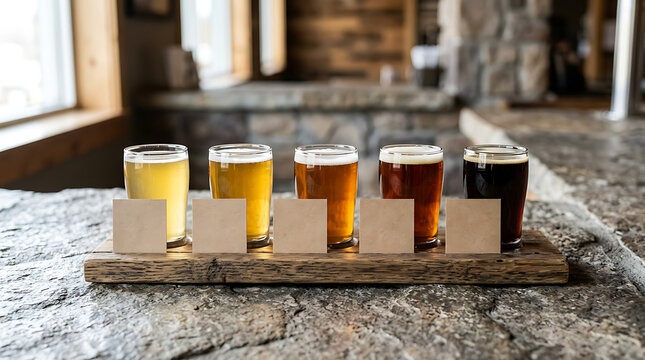 Craft Beer Tasting Flight on Wooden Board with Color Gradient on Stone Surface