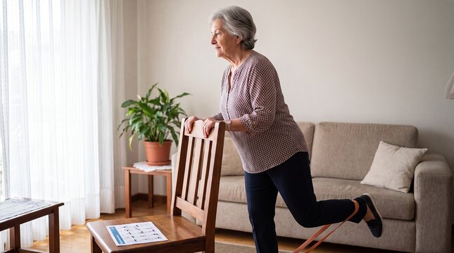 Senior woman resistance band leg exercise rehabilitation home mobility fitness performing supported strength training beside a chair for physiotherapy recovery balance independence wellness