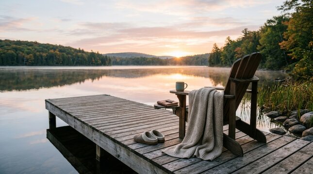 Summer Recovery and Relaxation for Healthy Living, Peaceful lake dock at sunrise with Adirondack chair, blanket, mug, and slippers, surrounded by forested hills.