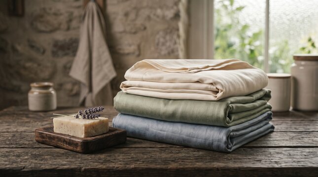 Stacked organic cotton bed linens in pastel colors with lavender soap on a rustic wooden table in a sunlit country home interior for a cozy and minimalist home textile background