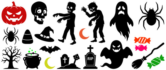 Obraz premium Halloween Black Silhouette Vector Icon Set with Ghost Zombie Pumpkin Skull Spider Witch and Bat