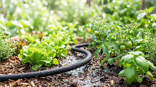 Soaker hose irrigation in summer garden with vegetables and herbs  