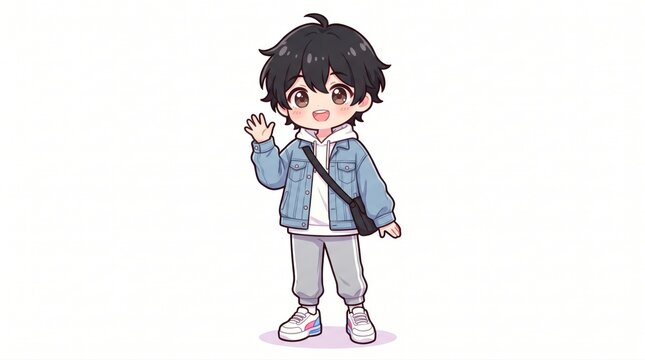 Cute anime boy holding smartphone and waving. Stylized cartoon character using mobile device with cheerful expression.