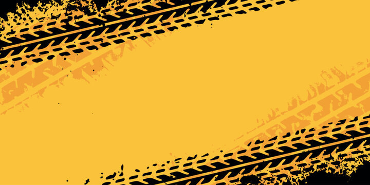 Abstract yellow background with tire skid marks and scratches with grunge effect. Modern design with tire texture for car racing, motocross, drift, rally, off-road event. Vector illustration EPS. 2