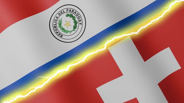 Two waving flags Paraguay and Switzerland with diagonal lightning seamless, 4k loop
