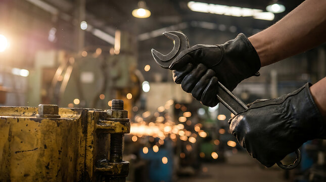 Skilled Hands at Work: A close-up of a gloved hand expertly wielding a wrench amidst sparks and machinery, signifying industry, hard work, and precision engineering.