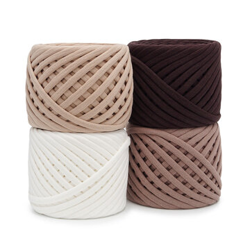  Scenic studio layout of heavy t-shirt ribbon yarn skeins arranged in order. Bright presentation template for handicraft workshops, sewing classes and creative web banners.