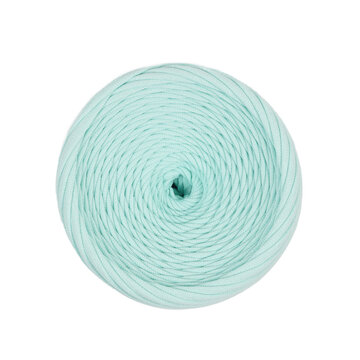 Professional studio product shot featuring a spiral ribbon yarn skein from above. Perfect presentation template and design element of fabric t-shirt cord for retail store catalog.