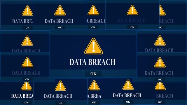 Data Breach Warning Error Window Pop-up Notification Box On Black Screen. Futuristic cybersecurity warning alert showing critical system error and data breach notification on virtual screen in server 