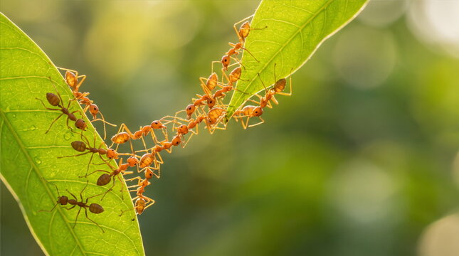 Ant action standing.Ant bridge unity team,Concept team work together Red ant,Weaver Ants (Oecophylla smaragdina), Action of ant carry food. 