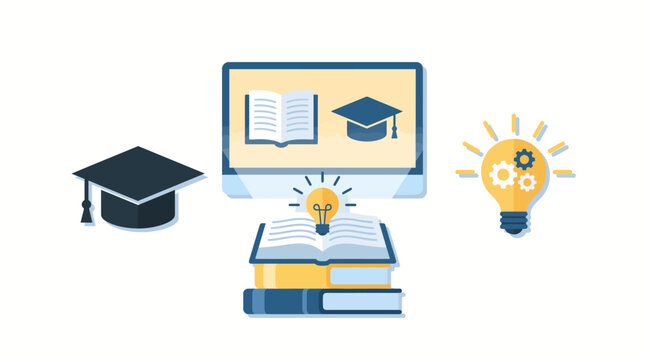 Academic innovation and digital education are symbolized by this icon set featuring a graduation cap, a computer displaying a textbook, and a glowing lightbulb with internal gears for smart learning.