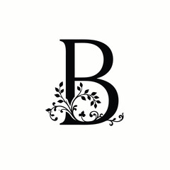 Letter b decorative alphabet initial with floral flourishes and leaves. © AbidGfx