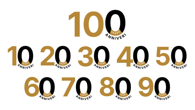 Anniversary milestone number collection with elegant gold and black celebration badges for business branding events