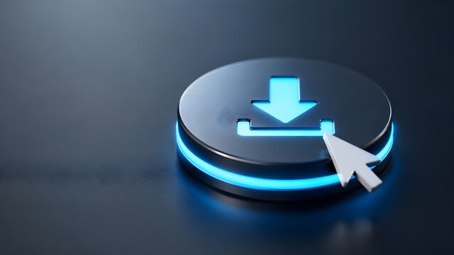 Digital software download interface with cursor clicking glowing blue metallic button representing data transfer and application update