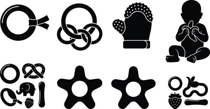 Baby Teether Icon Set with Teething Ring, Glove, Star, Pretzel, and Strawberry Silhouettes for Nursery, Parenting, and Infant Care Designs