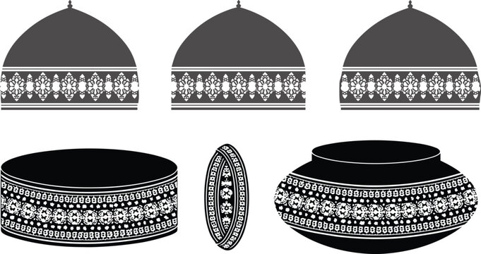 Islamic Kufi Hat Icon Set Featuring Traditional Muslim Prayer Cap Silhouettes with Ornate Floral Geometric Patterns for Ramadan Greeting Card Graphic Designs