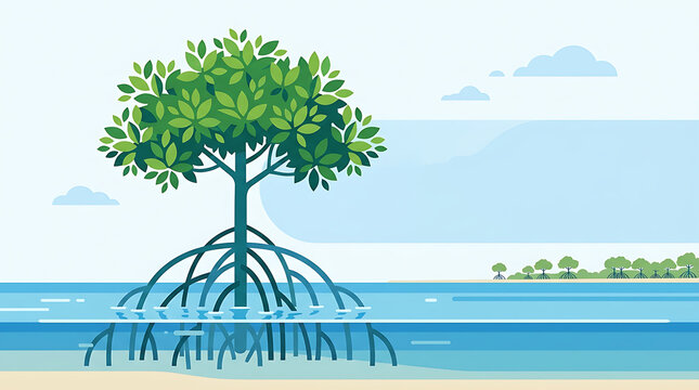 Stylized vector illustration of a mangrove tree with characteristic stilt roots growing in coastal water under a bright sky