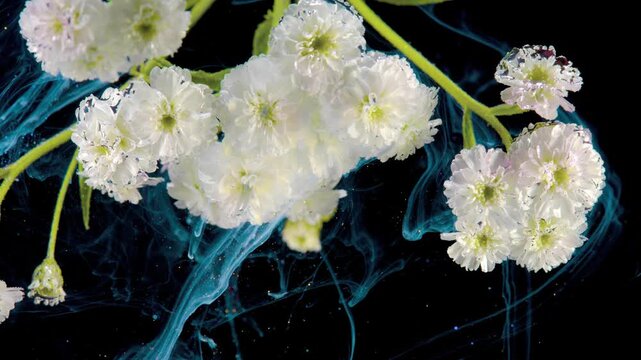 Panoramic close-up of multiple small white clustered flowers with pale green centers on thin green stems suspended against deep black background, foregrounded by flowing turquoise-blue ink ribbons