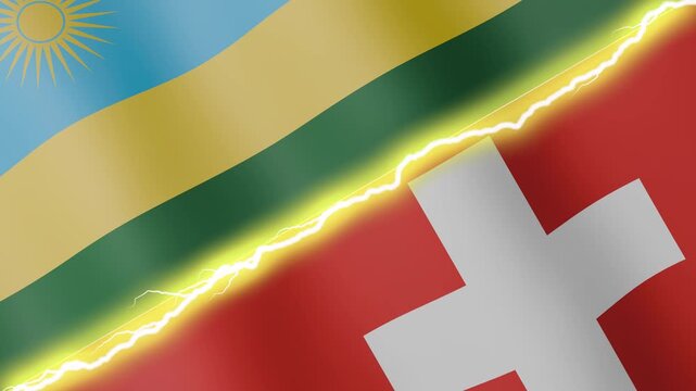 Two waving flags Rwanda and Switzerland with diagonal lightning seamless, 4k loop