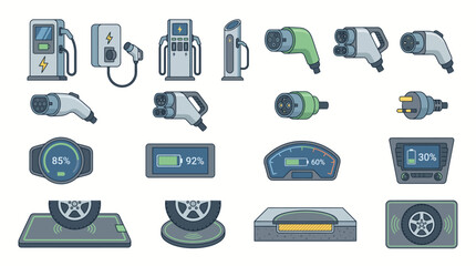 Fototapeta premium Electric car charging components and battery dashboard monitors display advanced automotive energy management systems.