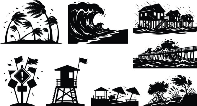 Coastal Storm Disaster Silhouette Collection with Hurricane Waves Flooding and Emergency Warning Icons