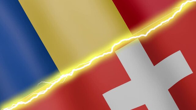Two waving flags Romania and Switzerland with diagonal lightning seamless, 4k loop