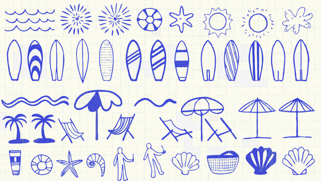 Beach Doodles Collection Hand drawn Blue Vector Illustration On Graph Paper Background beachcombing beachside coastal