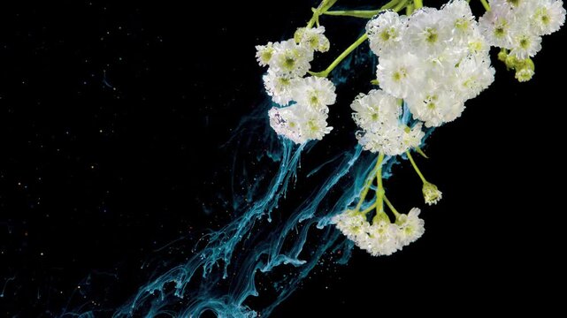 White babys breath cluster in upper right with vivid turquoise ink trails flowing diagonally across deep black background, creating elegant contrast, soft texture, and airy floral composition