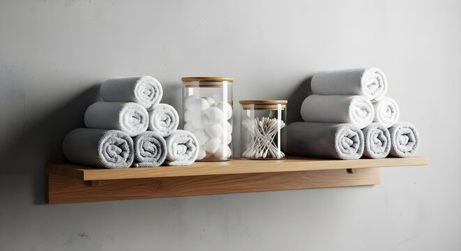 Rolled towels cotton balls and swabs on a wooden shelf bathroom spa hygiene