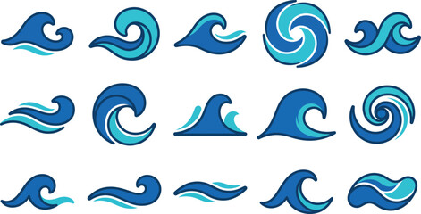 Fototapeta premium Set of ocean wave icons in blue shades for design and decoration