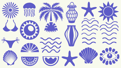 Blue mediterranean beach silhouettes collection a vector illustration of coastal elements silhouette ocean sea summer © Sanjay