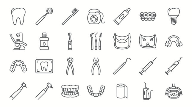 Dentistry icons provide a comprehensive collection of linear symbols representing oral hygiene tools, dental procedures, and clinical equipment for professional medical documentation.