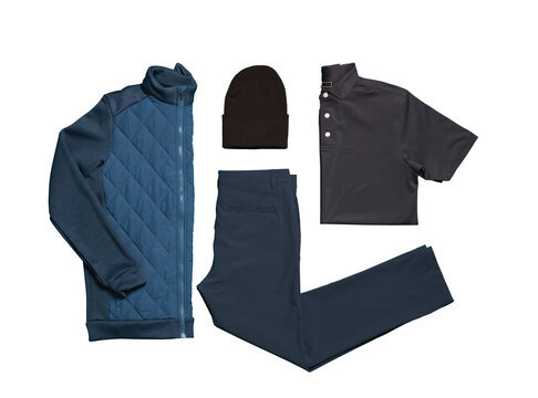 A neatly arranged collection of mens casual and athletic apparel including a quilted jacket polo shirt beanie and trousers isolated on transparent background transparent background
