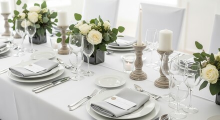 Fototapeta premium Elegant Wedding Table Setting with White Roses, Silver Cutlery, and Lit Candles for a Formal Reception Dinner