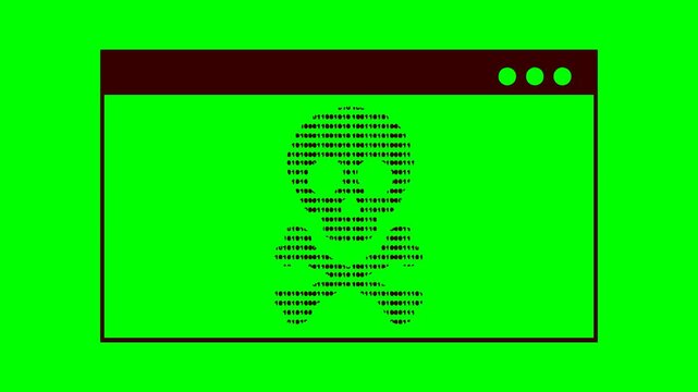 Binary code skull malware alert inside browser window with flickering red light animation on green screen chroma key background for cyber security projects