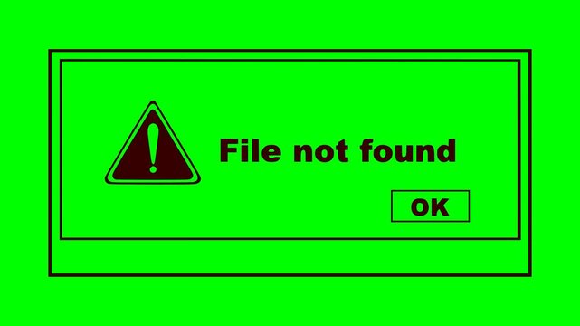 system error window with file not found text and flashing red warning light animation on green screen background chroma key for video editing