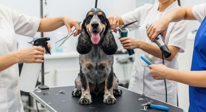 Happy Cocker Spaniel Dog Receiving Professional Grooming Treatment in a Pet Salon with Multiple Groomers