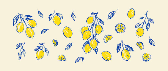 Fototapeta premium Hand drawn doodle crayon lemon fruit, leaves, branch tree set. Blue and yellow pencil scribble lemons. Italian summer, Amalfi, Sicily pastel, paint, watercolor design element. Mediterranean food