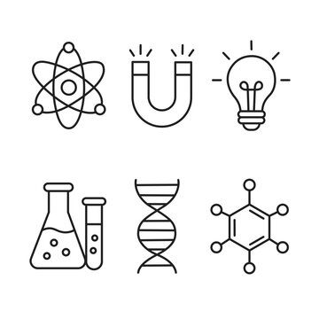 Minimal doodle outline icon set for World Science Day featuring atom, magnet, light bulb, laboratory glassware, DNA, and molecule symbols. Ideal for education, STEM, posters, and infographics.