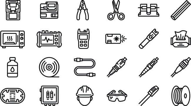 Fiber optic network line icons vector set with telecommunications data infrastructure high speed broadband internet installation and testing signs isolated on white background