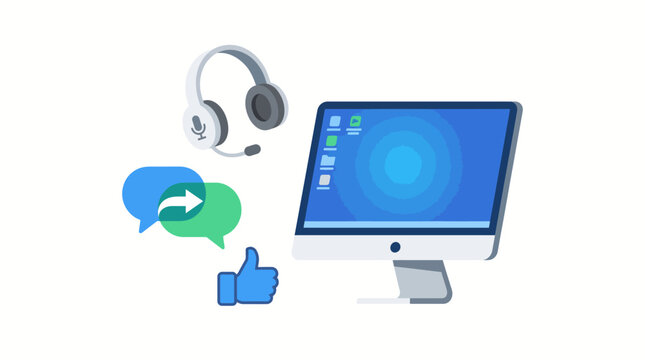 Computer workstation and headset equipment represent a modern digital customer support environment for remote business operations.