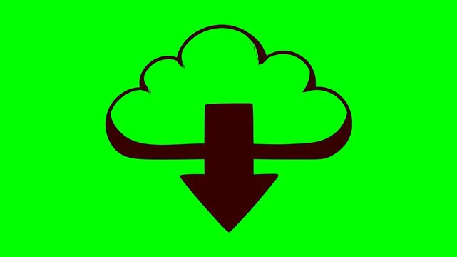 hand drawn doodle cloud download icon animation with blinking red light. Black icon over green screen chroma key background for easy video editing