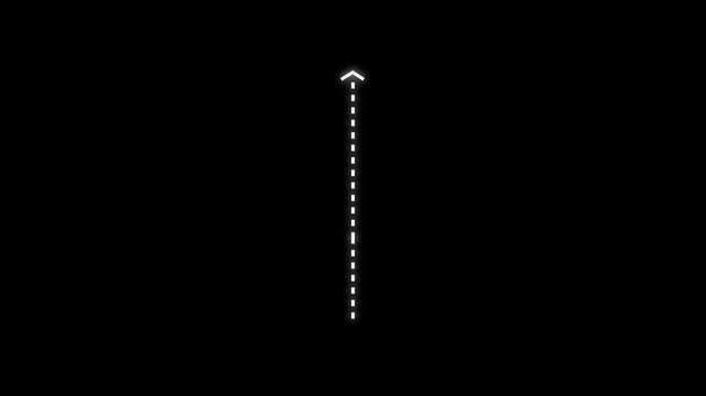 UP arrow direction icon with dotted line animation on Black background. dot arrows icon sign animated with alpha channel. white straight arrows animation. Reveal animation of solid, dashed