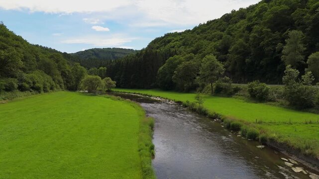 Aerial Flight Along Sauer River Valley in Luxembourg