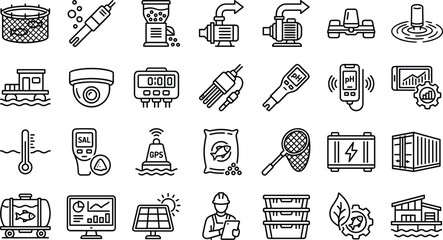 Aquaculture technology line icons vector set with smart fish farming marine logistics water quality sensor and fish feed equipment signs isolated on white background © mstmanju