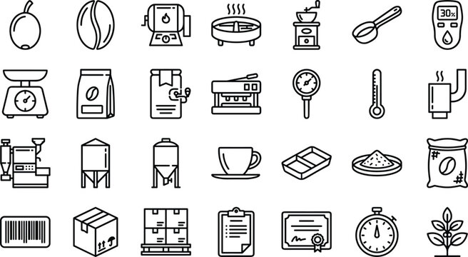  Coffee roasting line icons vector set with industrial production coffee bag processing equipment and factory logistics signs isolated on white background