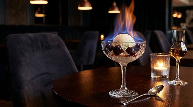 A delicious scoop of ice cream with berries served in a glass bowl set on fire in a dark moody bar. Flambe Fruit Desserts